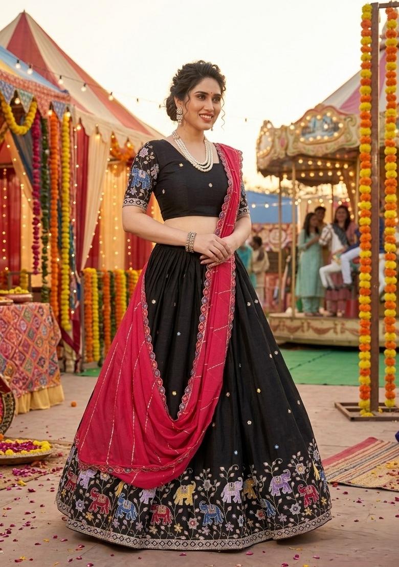 Black Embroidered Georgette Lehenga Set - Indya
