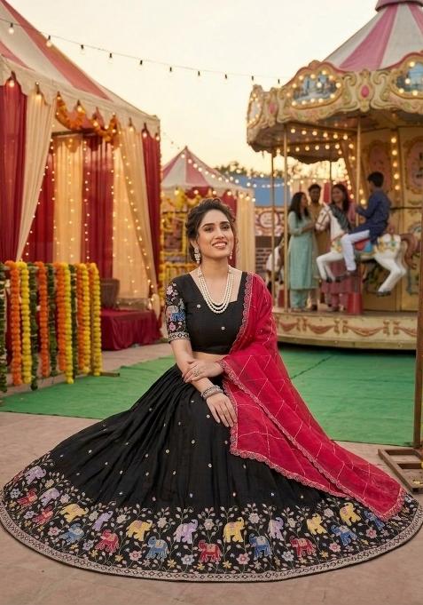 Black Embroidered Georgette Lehenga Set