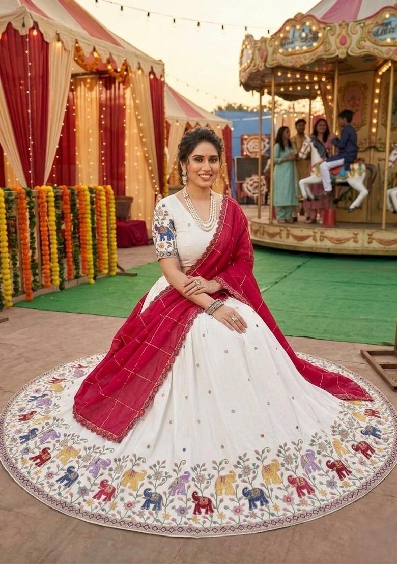 White Embroidered Georgette Lehenga Set - Indya