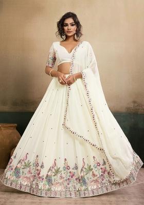 Off White Embroidered Georgette Lehenga Set