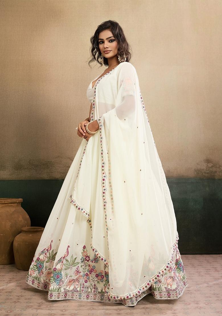 Off White Embroidered Georgette Lehenga Set - Indya