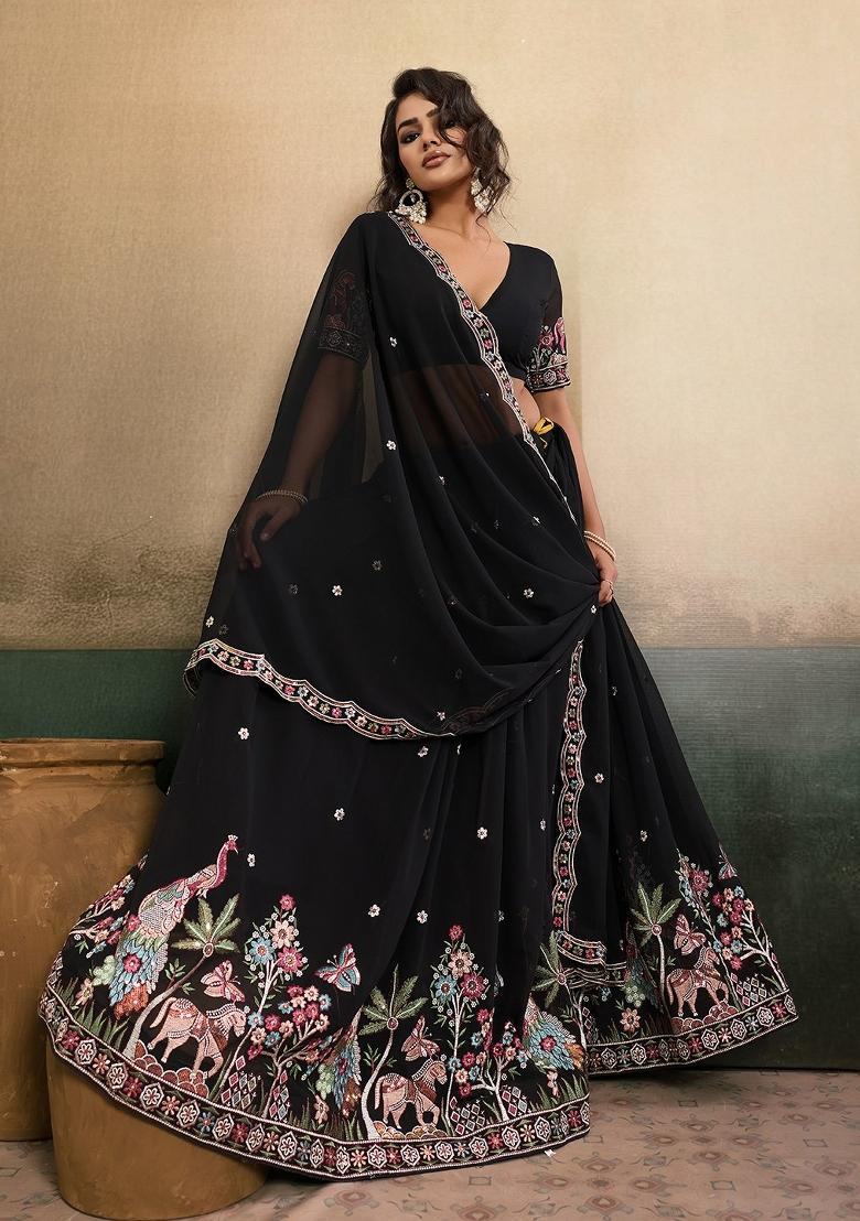 Black Embroidered Georgette Lehenga Set - Indya