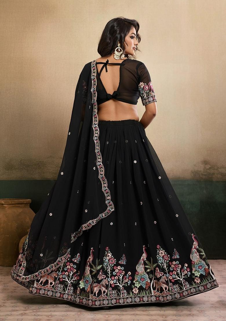 Black Embroidered Georgette Lehenga Set - Indya