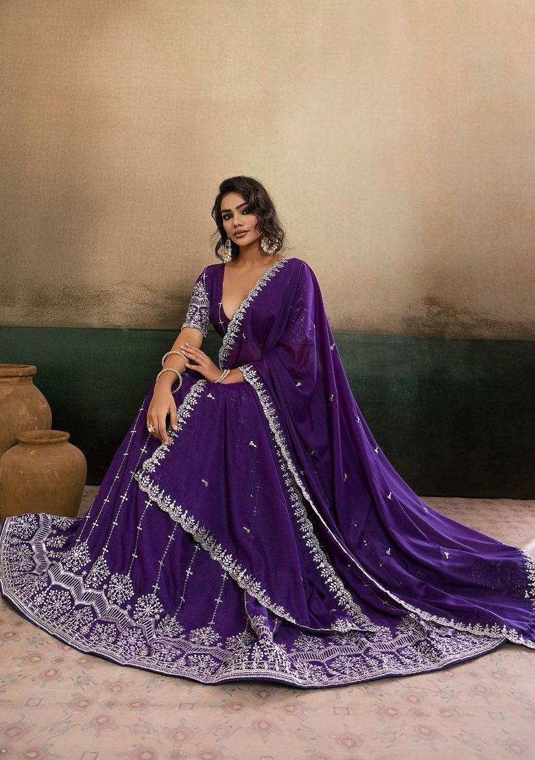 Purple Embroidered Georgette Lehenga Set - Indya