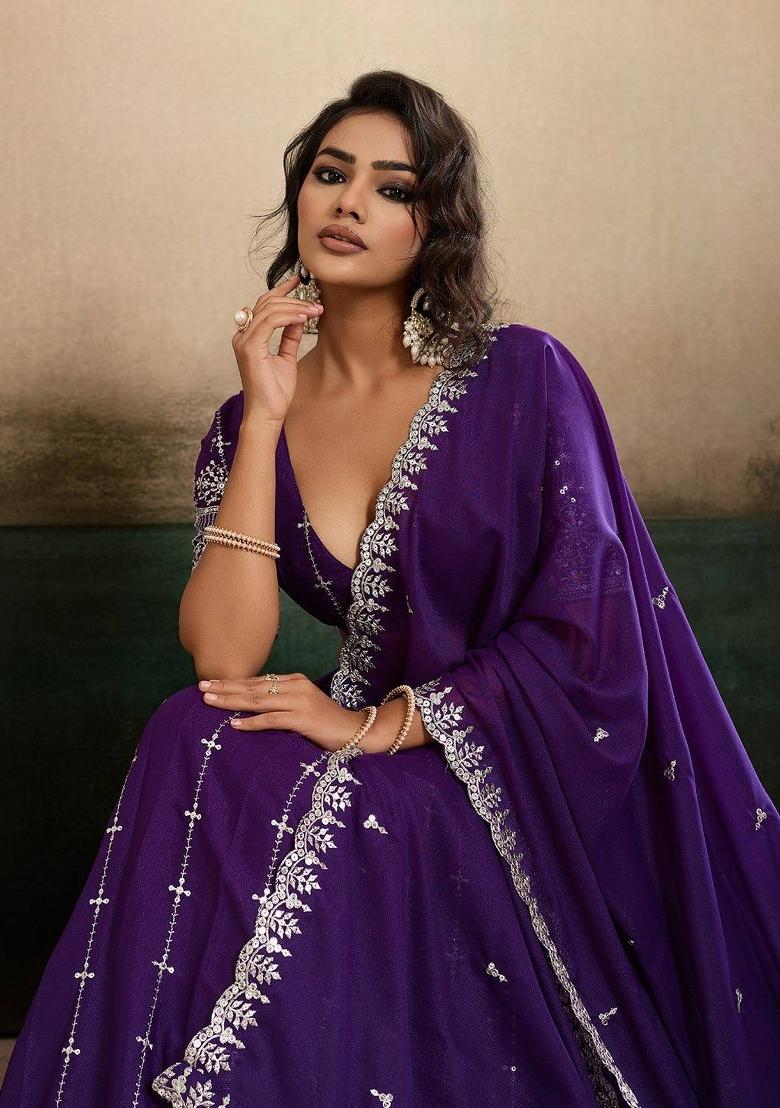 Purple Embroidered Georgette Lehenga Set - Indya