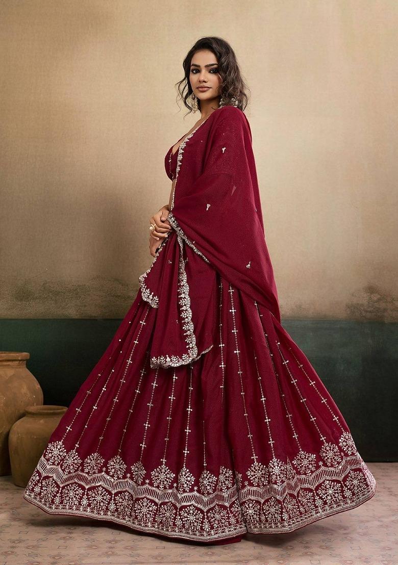 Maroon Embroidered Georgette Lehenga Set - Indya