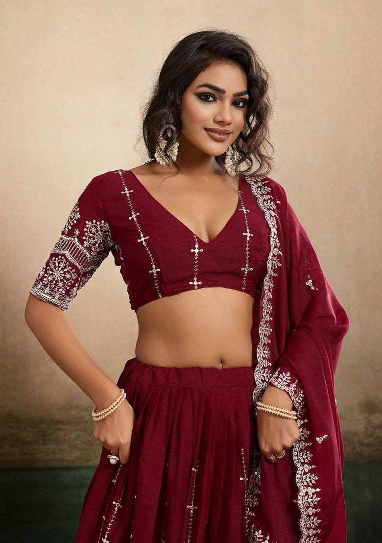 Maroon Embroidered Georgette Lehenga Set - Indya