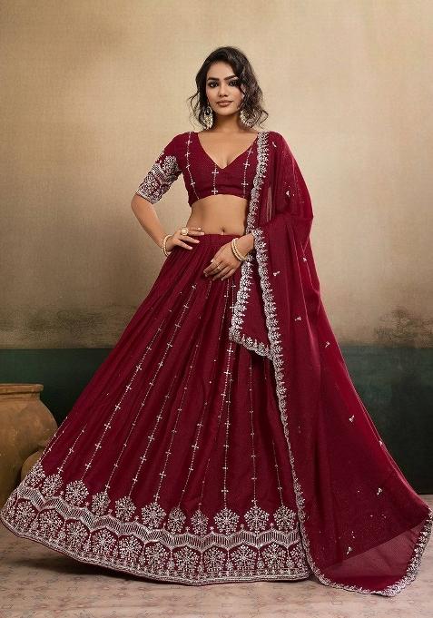 Maroon Embroidered Georgette Lehenga Set