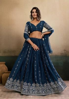 Teal Blue Embroidered Georgette Lehenga Set