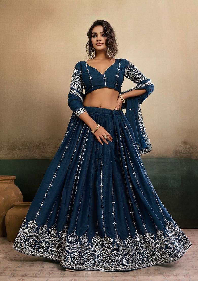 Teal Blue Embroidered Georgette Lehenga Set for Diwali and Festive Wear - Indya