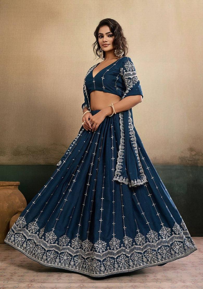 Teal Blue Embroidered Georgette Lehenga Set - Indya