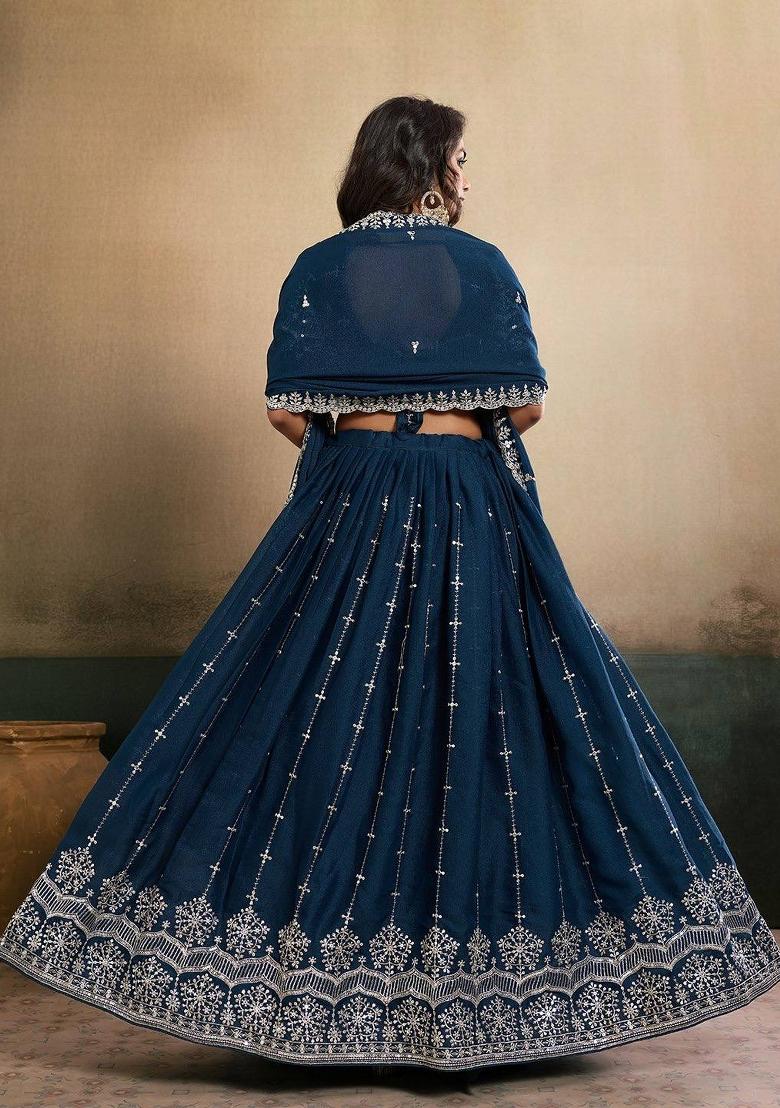 Teal Blue Embroidered Georgette Lehenga Set - Indya