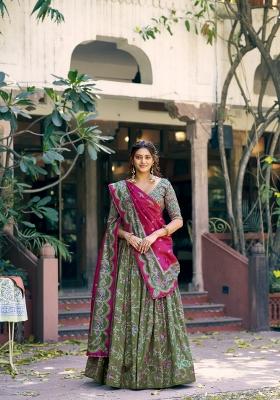 Green Printed Silk Blend Lehenga Set