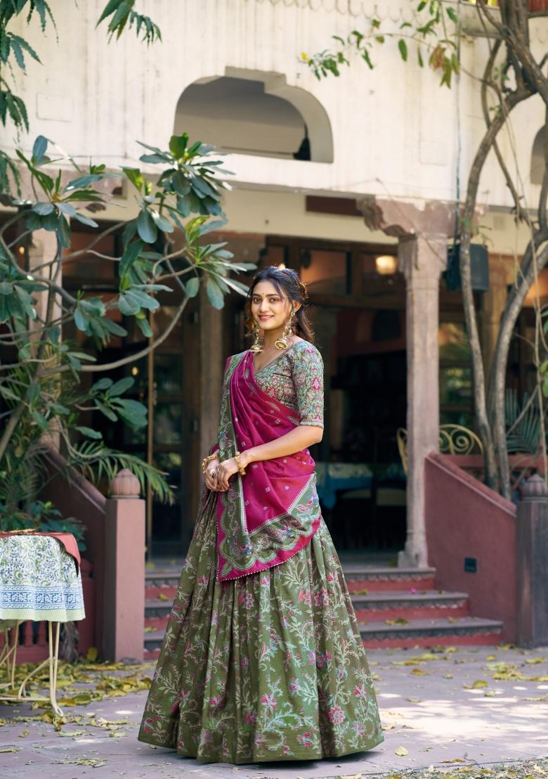 Green Printed Silk Blend Lehenga Set - Indya