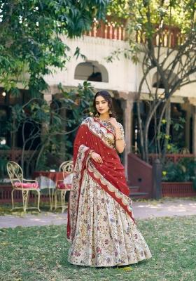 Off White Printed Silk Lehenga Set