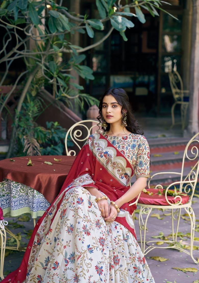 Off White Printed Silk Blend Lehenga Set - Indya