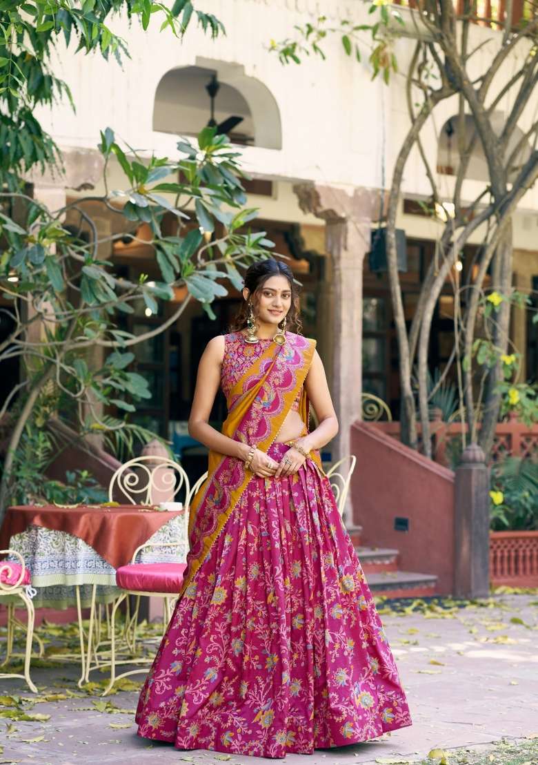 Pink Printed Silk Blend Lehenga Set - Indya