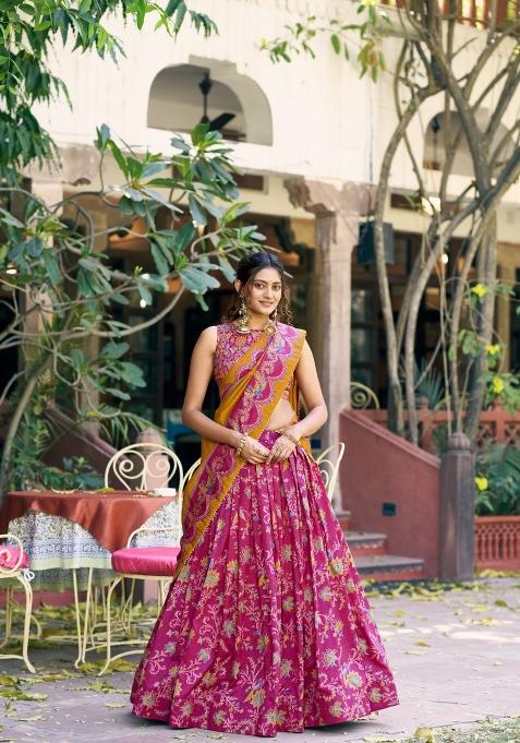 Pink Printed Silk Lehenga Set