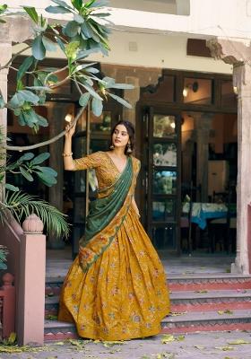 Mustard Printed Silk Blend Lehenga Set