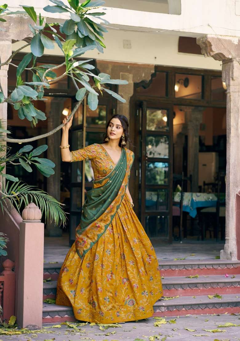 Mustard Printed Silk Blend Lehenga Set - Indya