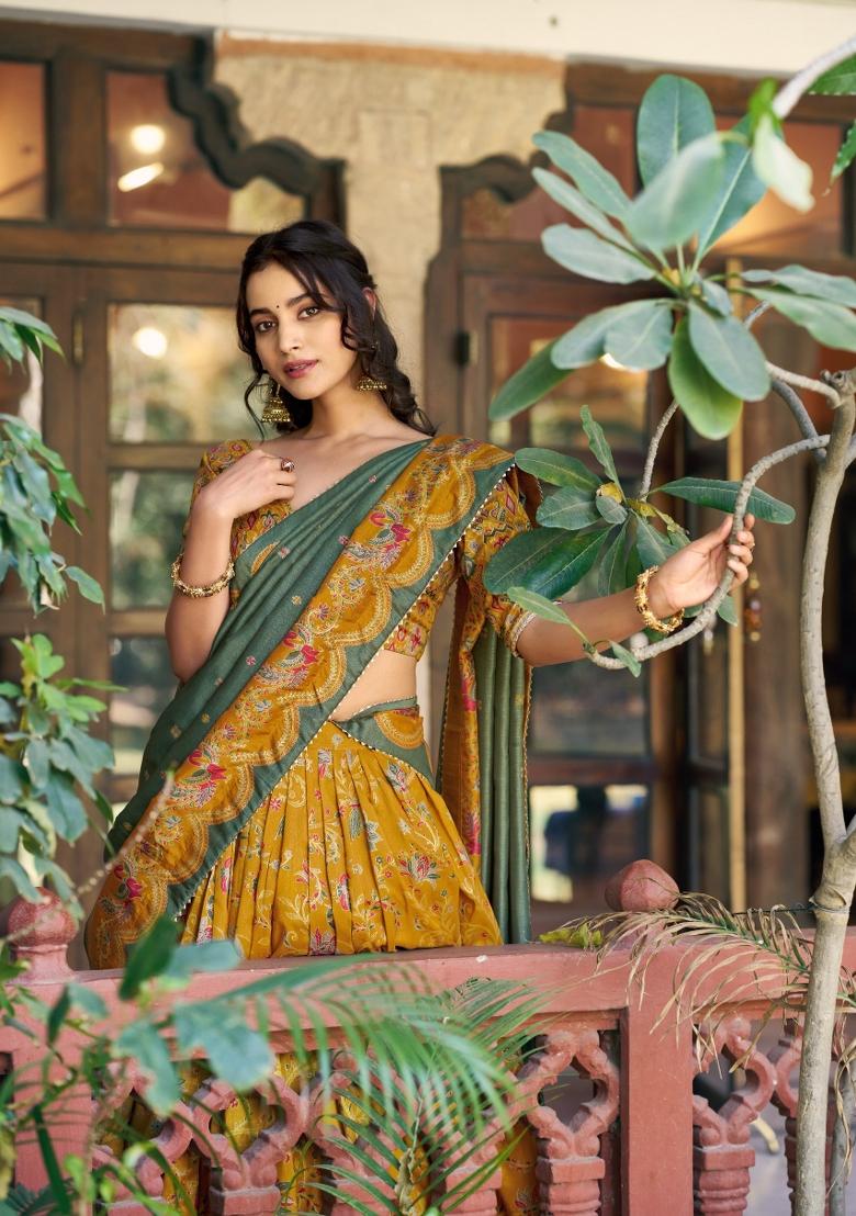 Mustard Printed Silk Blend Lehenga Set - Indya