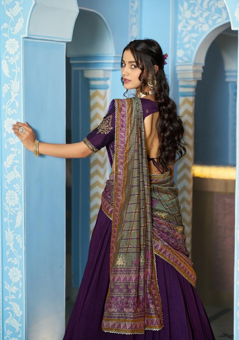 Dark Purple Sequin Silk Blend Lehenga Set - Indya