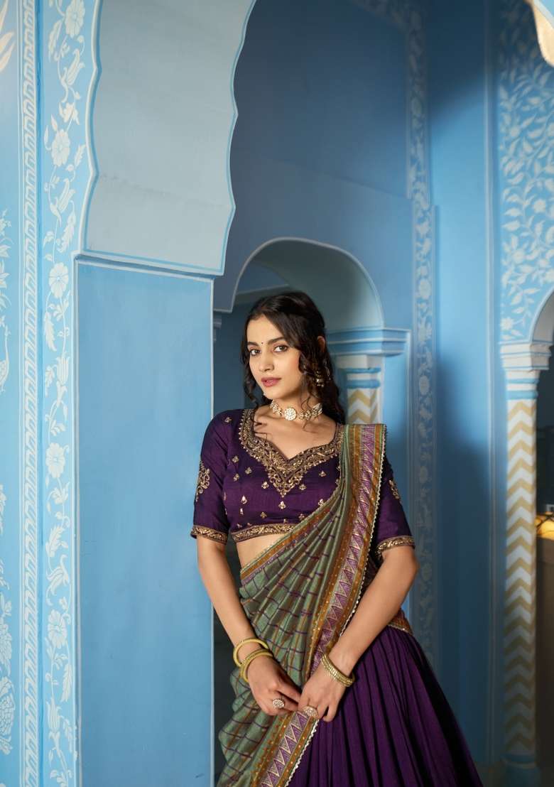 Dark Purple Silk Blend Lehenga Set with Sequin for Diwali | Wedding & Festive Wear - Indya