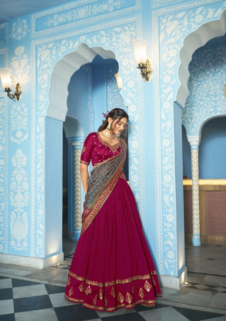 Magenta Sequin Silk Blend Lehenga Set - Indya