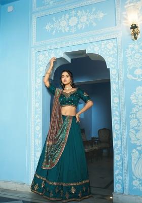 Teal Blue Sequin Silk Blend Lehenga Set