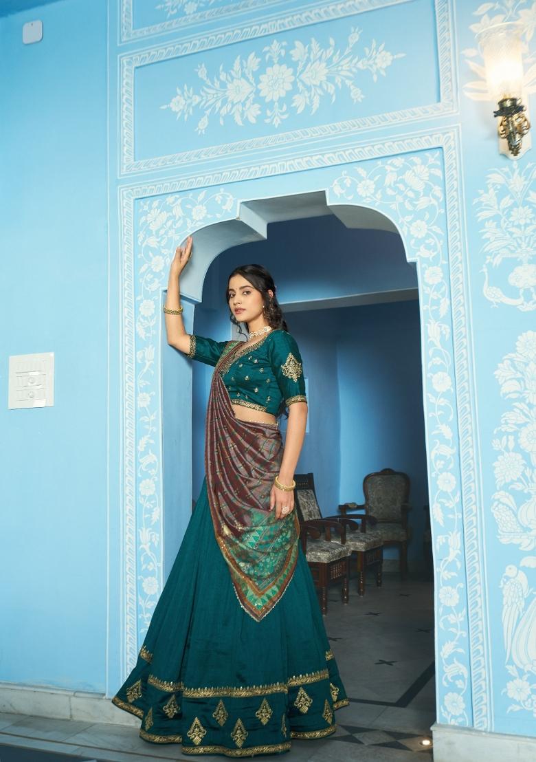 Teal Blue Sequin Silk Blend Lehenga Set - Indya