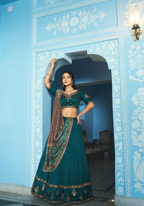 Teal Blue Sequin Silk Blend Lehenga Set