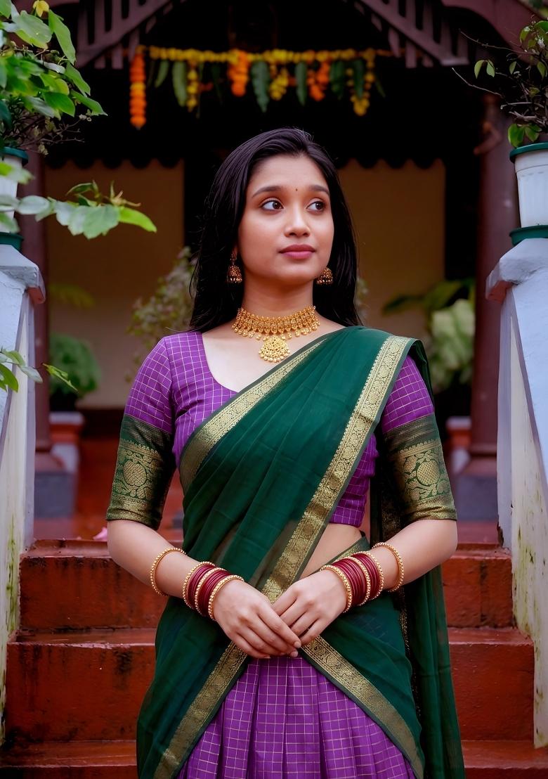 Purple Zari Work Dola Chex Lehenga Set - Indya