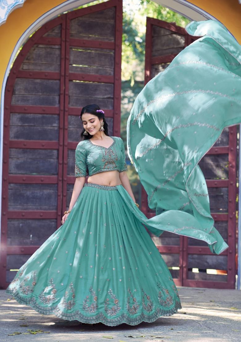 Sky Blue Sequin Georgette Lehenga Set - Indya