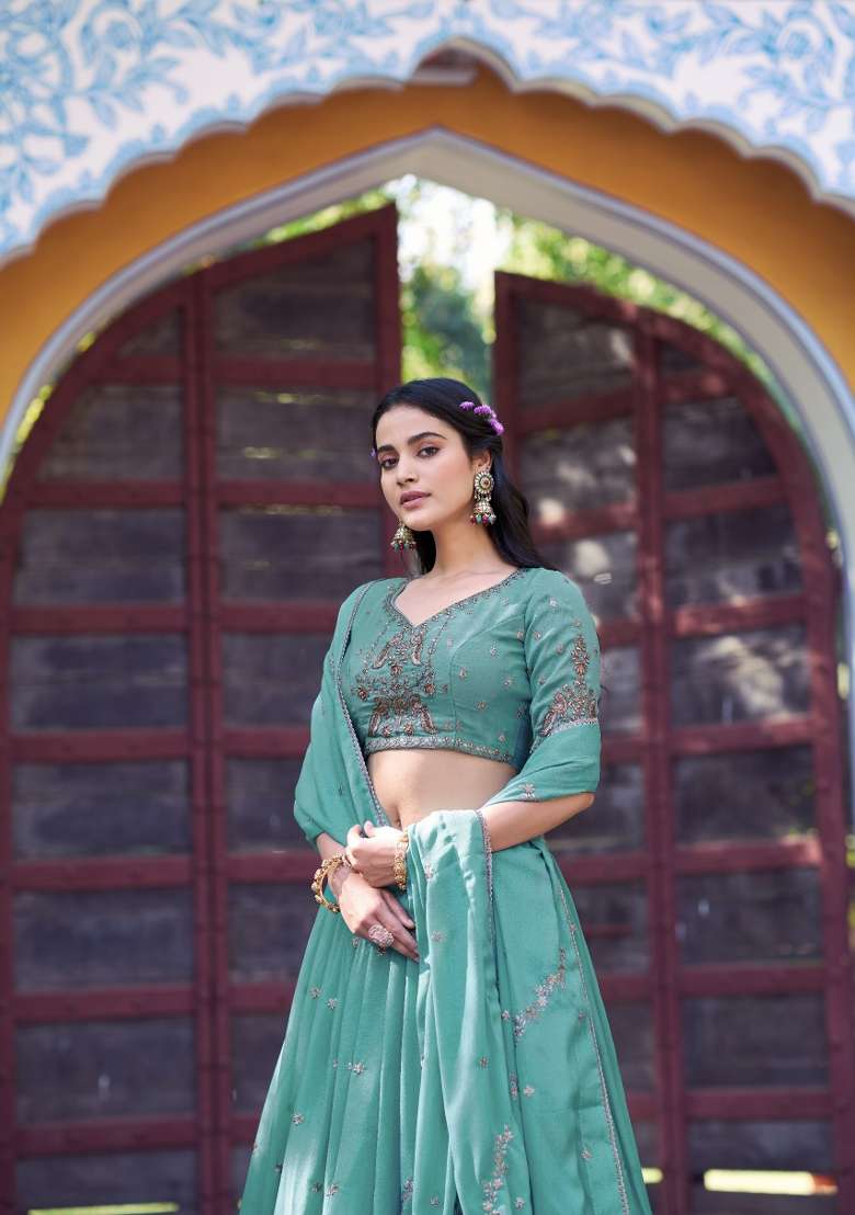 Sky Blue Georgette Lehenga Set with Sequin for Diwali | Wedding & Festive Wear - Indya