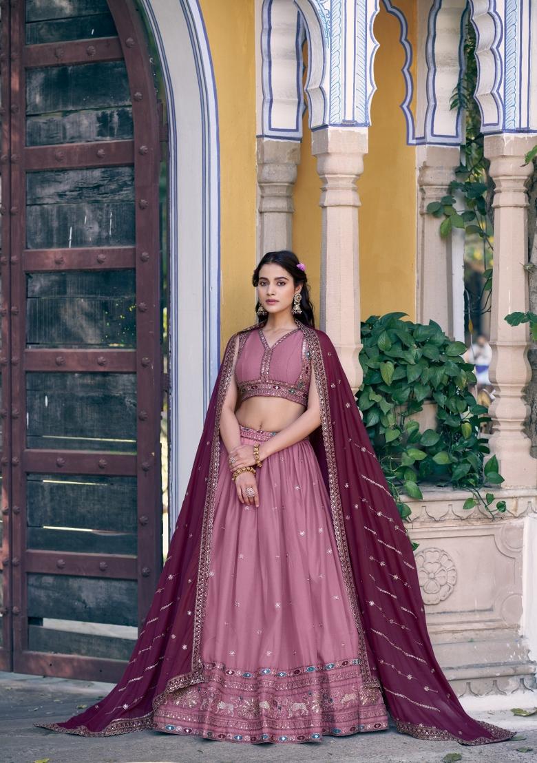 Peach Sequin Georgette Lehenga Set - Indya