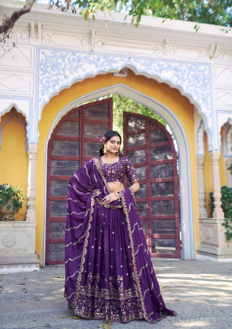 Purple Sequin Georgette Lehenga Set - Indya