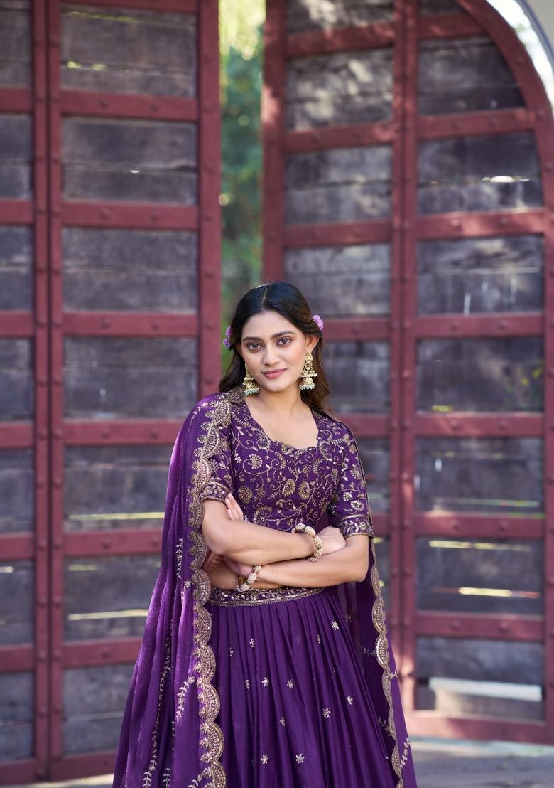 Purple Sequin Georgette Lehenga Set - Indya