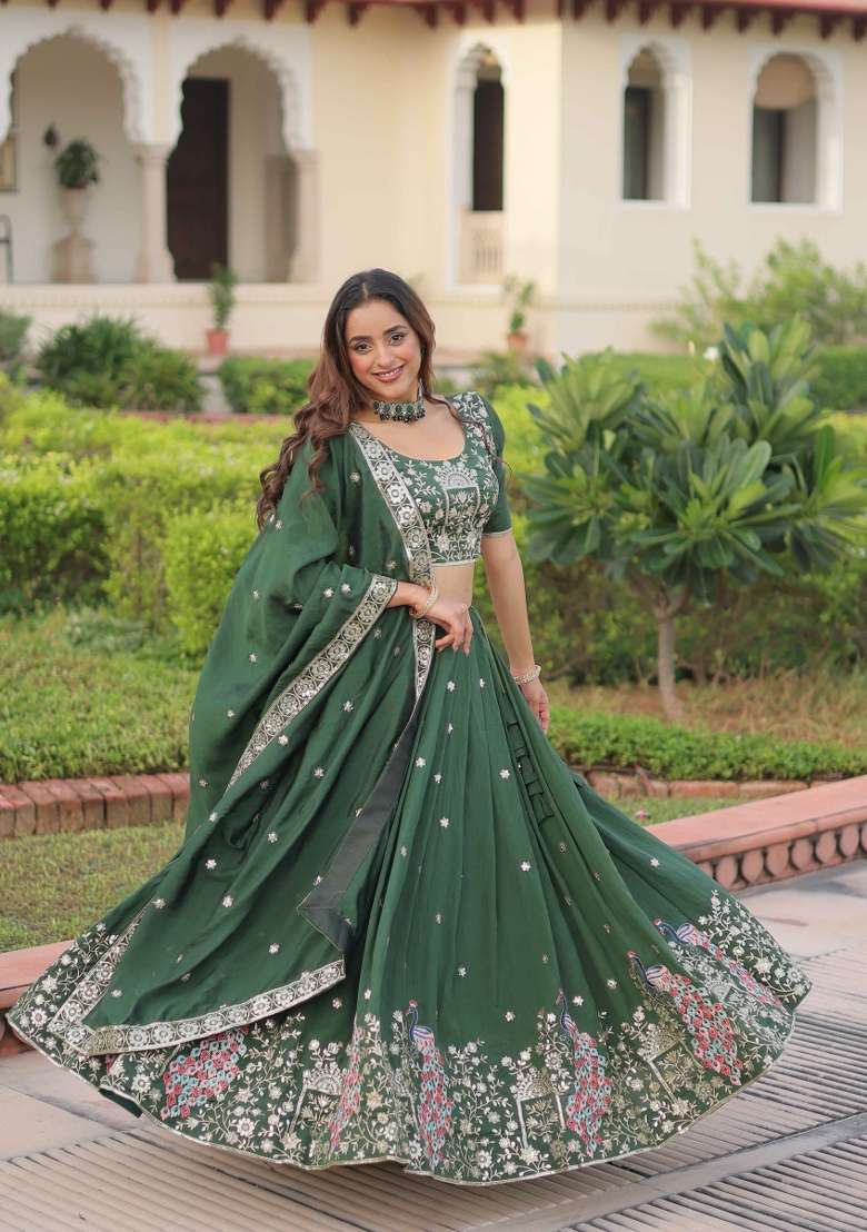 Green Sequin Work Silk Blend Lehenga Set for Diwali and Festive Wear - Indya