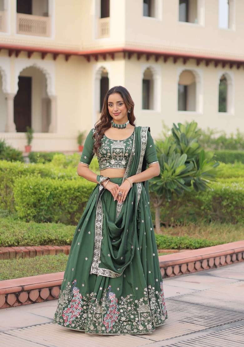 Green Sequin Work Silk Blend Lehenga Set for Diwali and Festive Wear - Indya