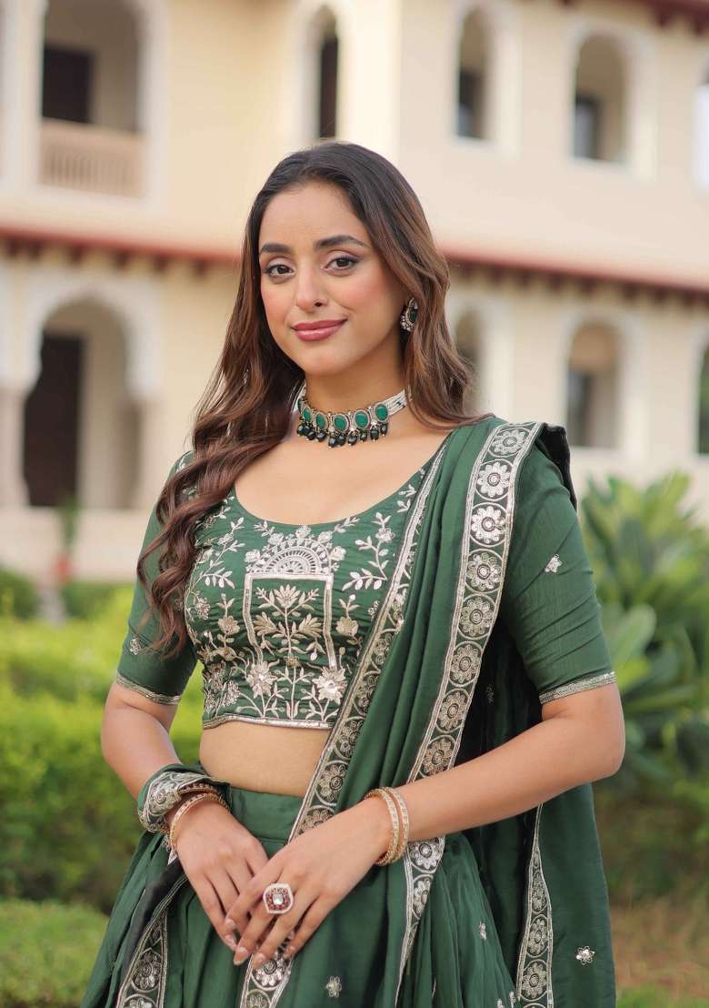 Green Sequin Work Silk Blend Lehenga Set for Diwali and Festive Wear - Indya