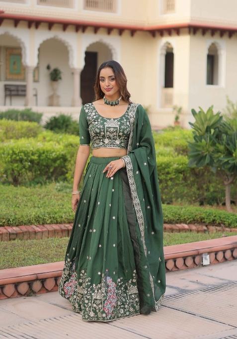 Green Sequin Work Silk Lehenga Set