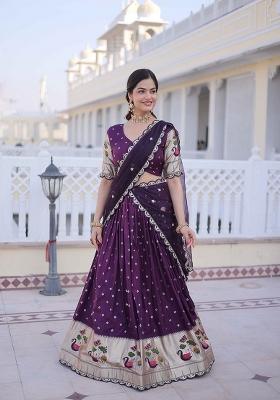 Wine Sequin Work Silk Blend Lehenga Set