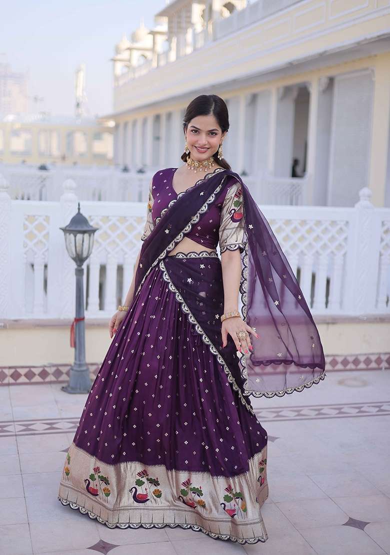 Wine Sequin Work Silk Blend Lehenga Set for Diwali and Festive Wear - Indya