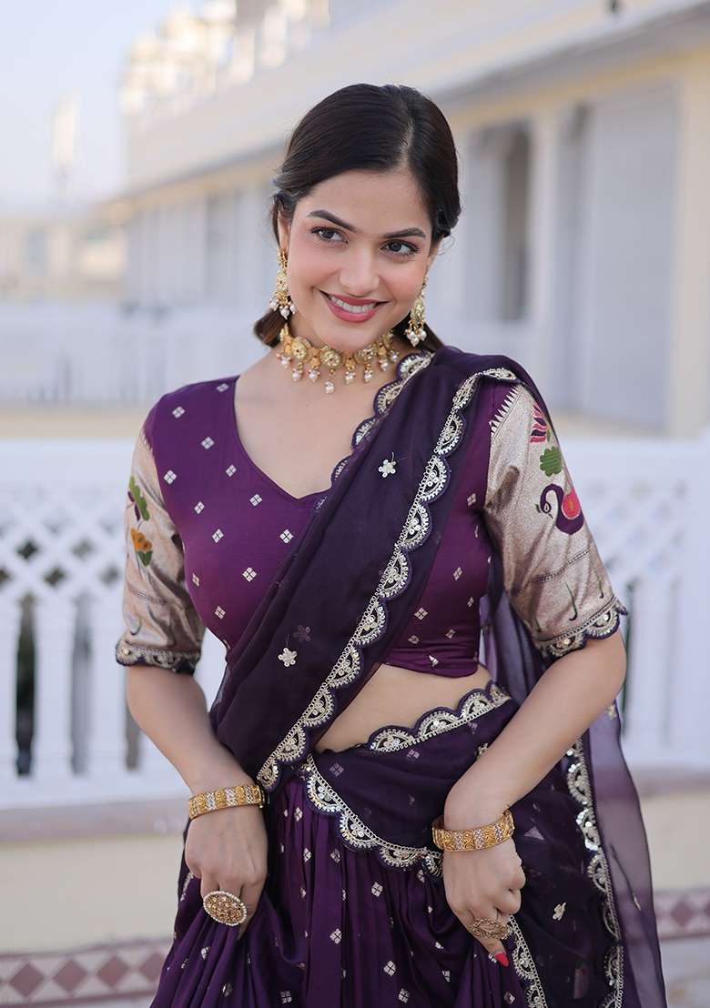 Wine Sequin Work Silk Blend Lehenga Set for Diwali and Festive Wear - Indya