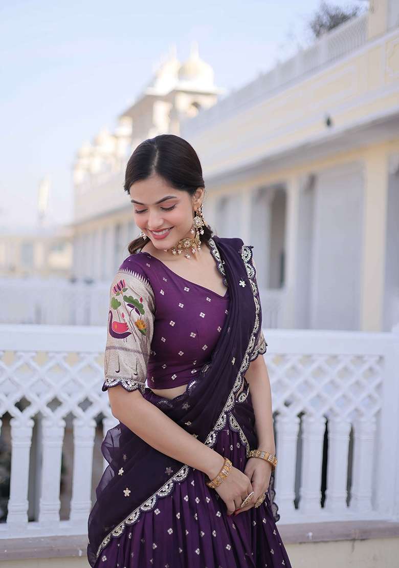 Wine Sequin Work Silk Blend Lehenga Set for Diwali and Festive Wear - Indya