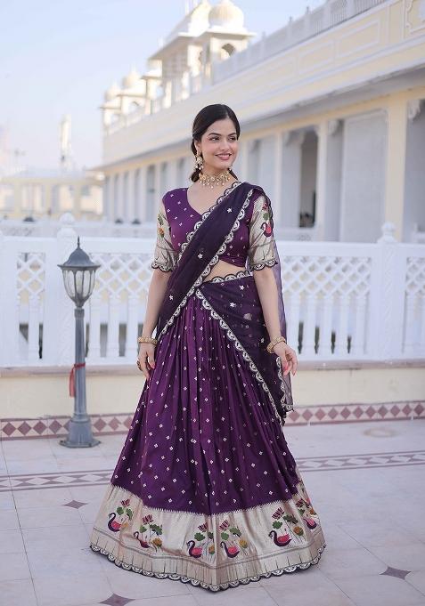Wine Sequin Work Silk Blend Lehenga Set