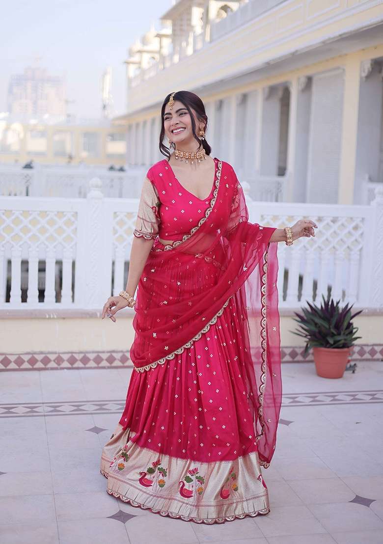 Pink Work Silk Blend Lehenga Set with Sequin for Diwali | Wedding & Festive Wear - Indya