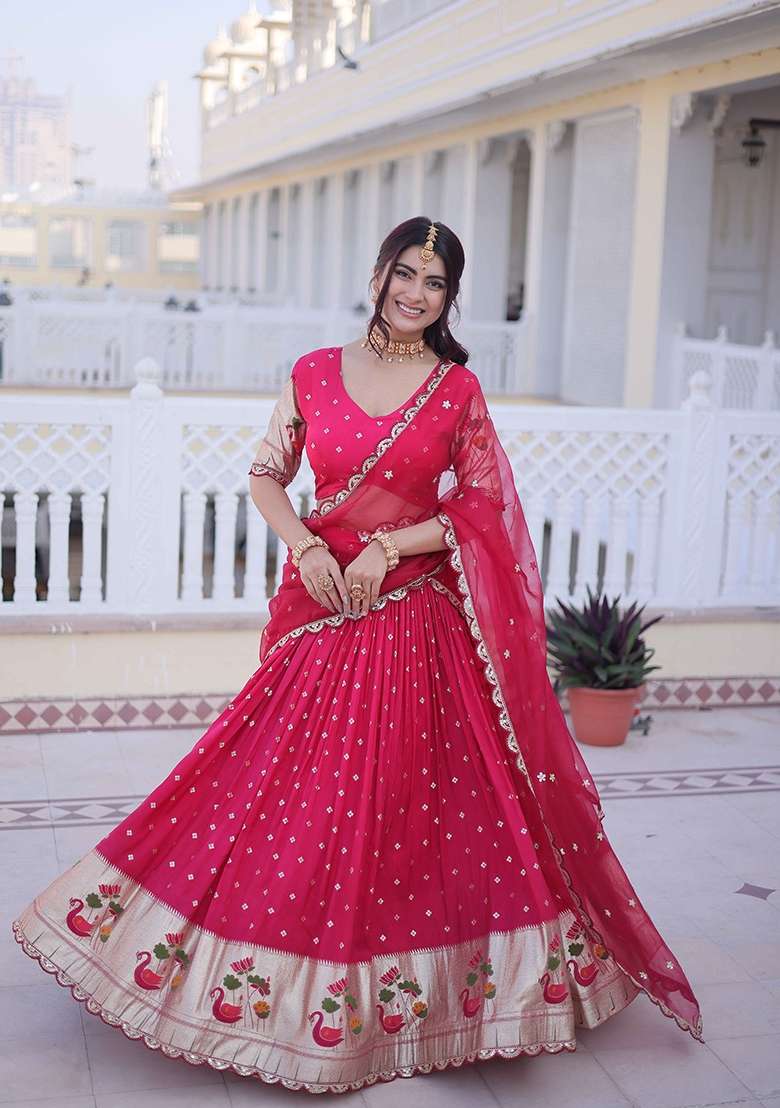 Pink Work Silk Blend Lehenga Set with Sequin for Diwali | Wedding & Festive Wear - Indya