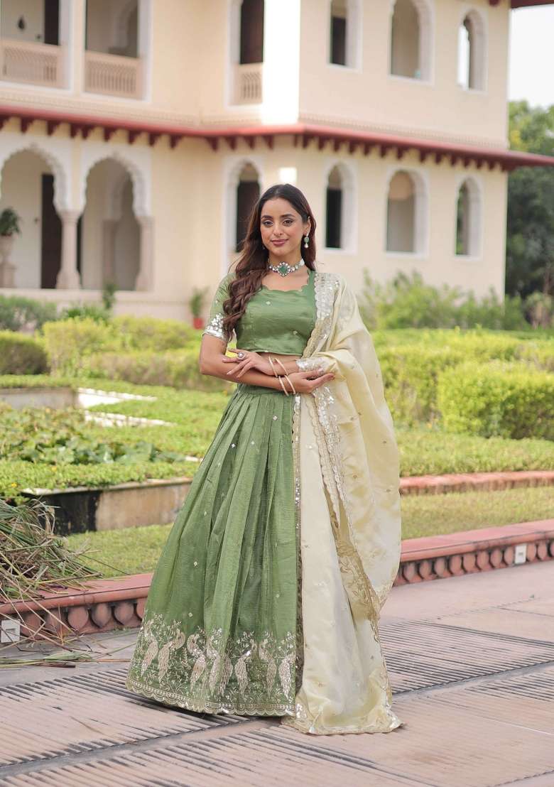 Parrot Sequin Work Gold Crush Lehenga Set for Diwali and Festive Wear - Indya
