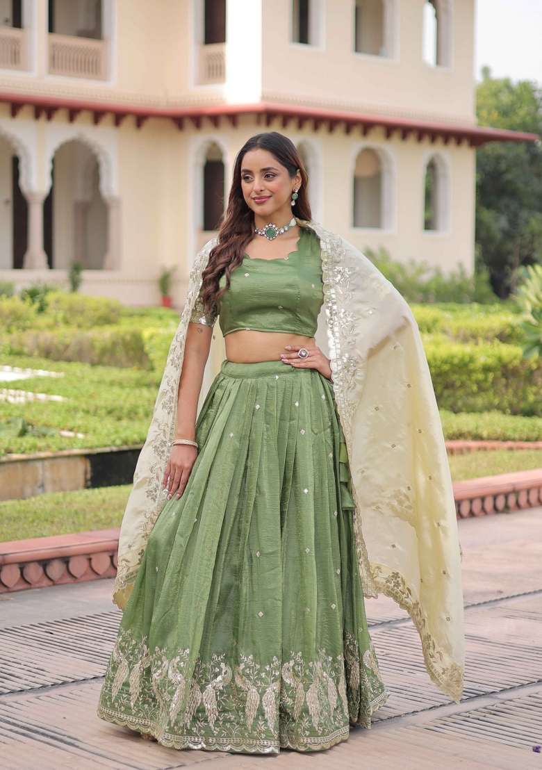 Parrot Sequin Work Gold Crush Lehenga Set for Diwali and Festive Wear - Indya